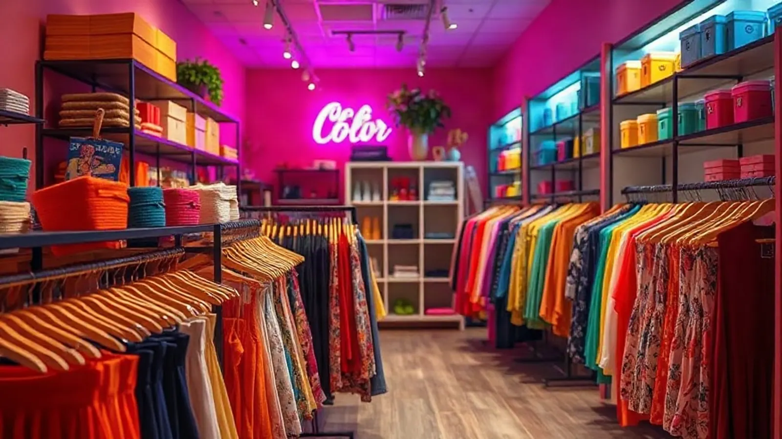 Interior vibrante da loja Vibe Modas com araras de roupas coloridas